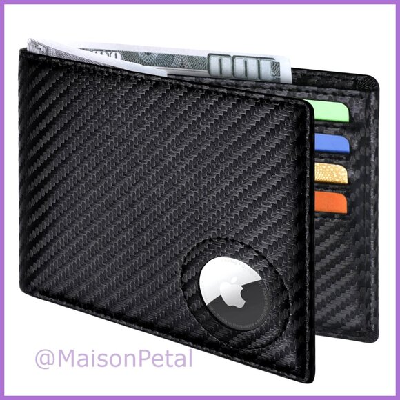 Slim Leather Bifold Wallet with RFID Blocking and AirTag Holder